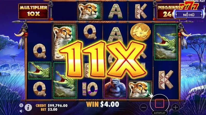 Great Rhino Megaways đồ họa sống động, RTP cao, cơ chế Multiplier hấp dẫn